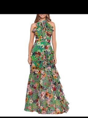 Betsy & Adam Green Floral Ruffled Halter Maxi Dress